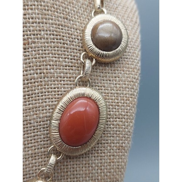 Trifari Gold Tone Rolo Chain Bib Collar Necklace Neutral Tone Cabochons Pendants - Picture 5 of 8